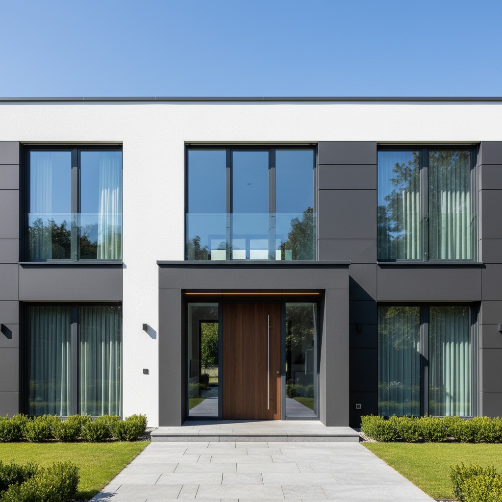Ein heller, moderner Wohnraum mit bodentiefen Premium-Fenstern und einer hochwertigen Haustür. Natürliches Sonnenlicht fällt durch die Fenster und zeigt die Qualität der Verglasung. Minimalistische Einrichtung, elegante Architektur, saubere Linien, modernes deutsches Einfamilienhaus. Keine Menschen, keine Schrift, keine Logos. Fotorealistisch, hochwertige Architekturfotografie, 8K.

